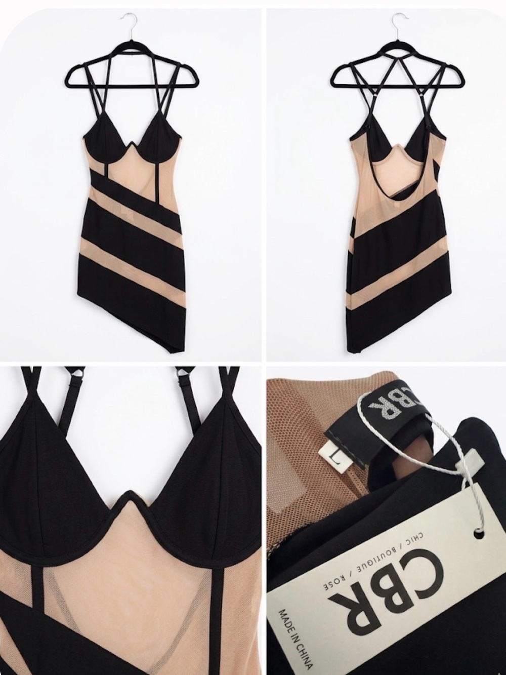 CBR Black and Nude Diagonal-Stripe Asymmetrical Bodycon Dress